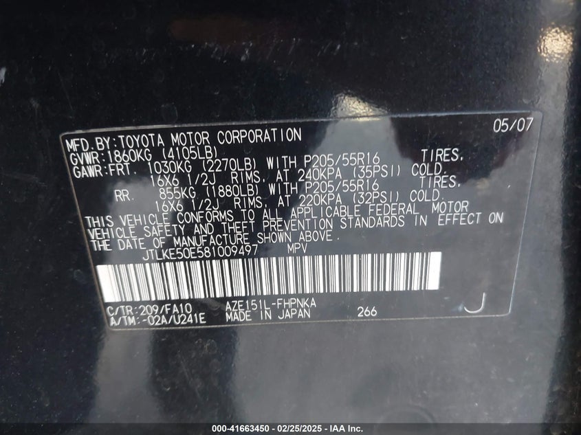 2008 SCION XB VIN: JTLKE50E581009497
