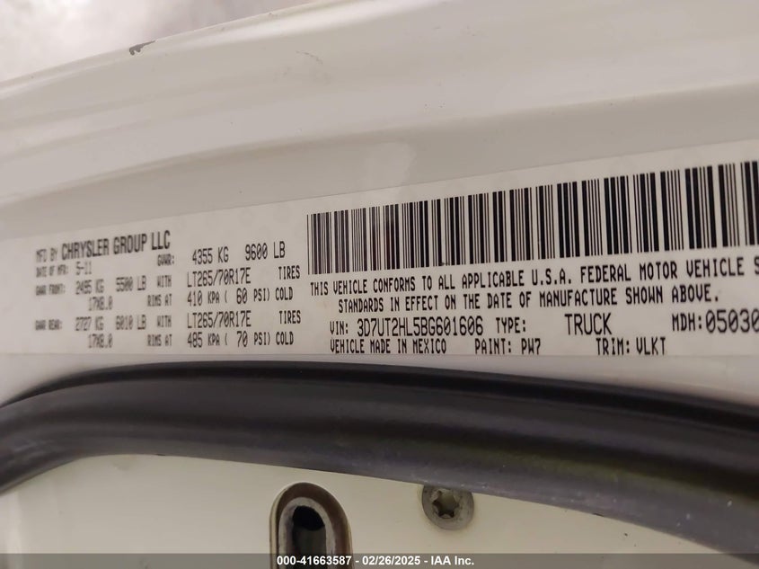 2011 Ram Ram 2500 Laramie VIN: 3D7UT2HL5BG601606 Lot: 41663587
