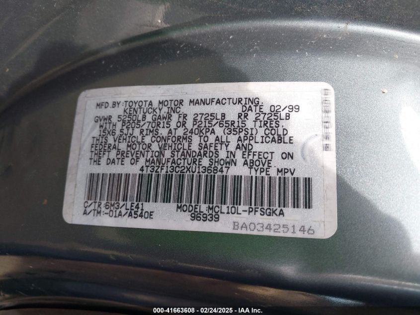 1999 Toyota Sienna Xle VIN: 4T3ZF13C2XU136847 Lot: 41663608