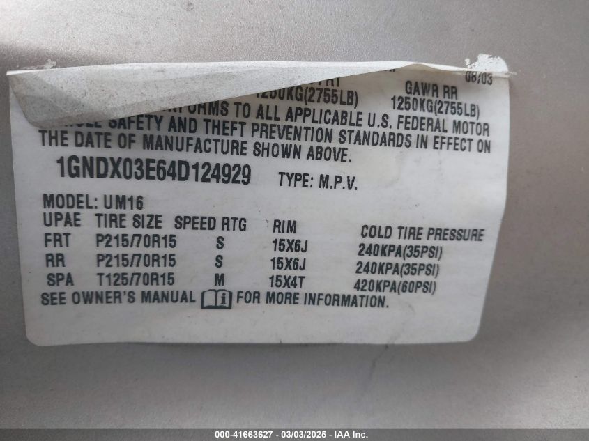 2004 Chevrolet Venture Ls VIN: 1GNDX03E64D124929 Lot: 41663627