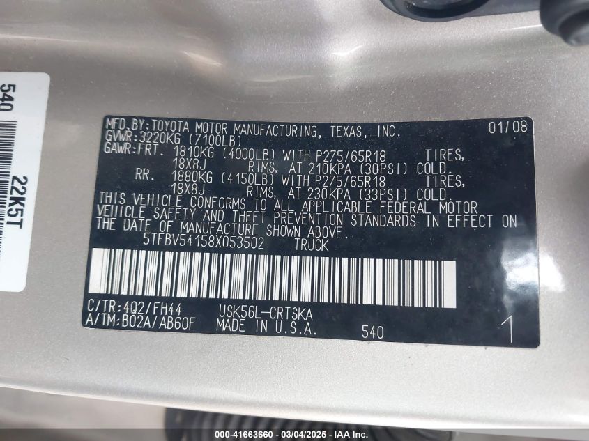 2008 Toyota Tundra Sr5 5.7L V8 VIN: 5TFBV54158X053502 Lot: 41663660
