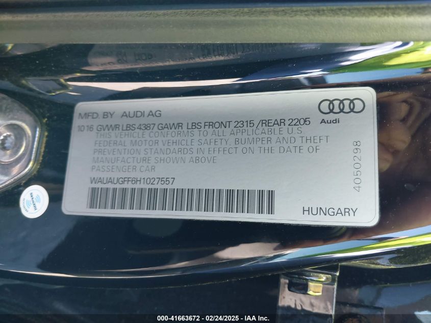 2017 Audi A3 2.0T Premium VIN: WAUAUGFF6H1027557 Lot: 41663672