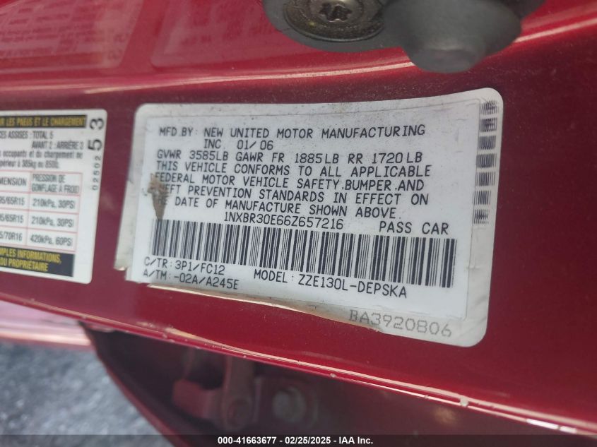 2006 Toyota Corolla S VIN: 1NXBR30E66Z657216 Lot: 41663677