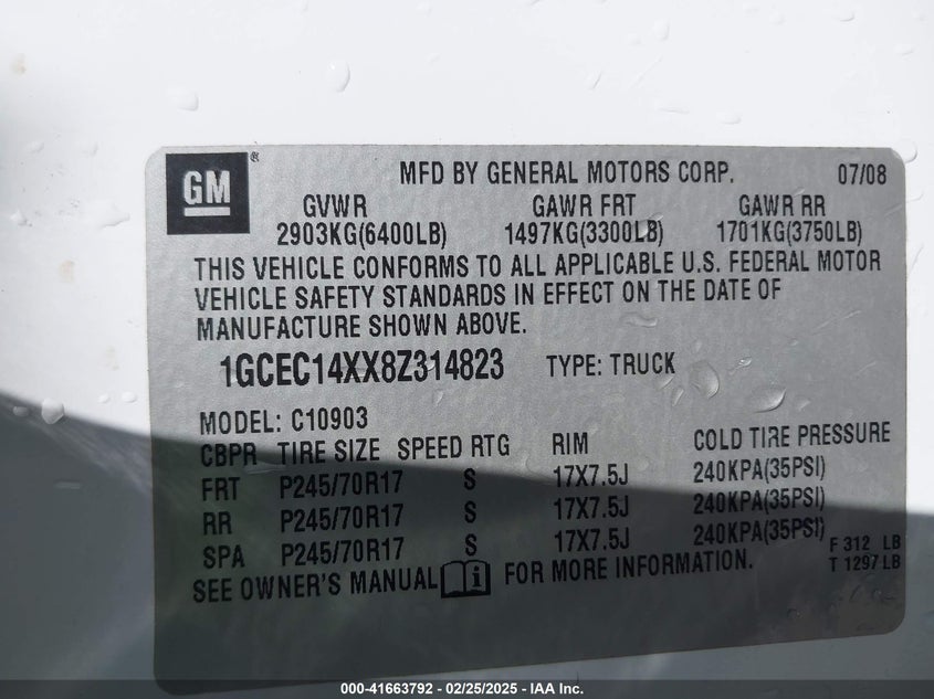 2008 CHEVROLET SILVERADO 1500 VIN: 1GCEC14XX8Z314823