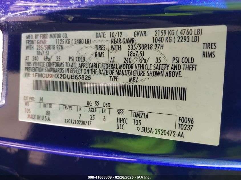 2013 Ford Escape Sel VIN: 1FMCU9HX2DUB65825 Lot: 41663809