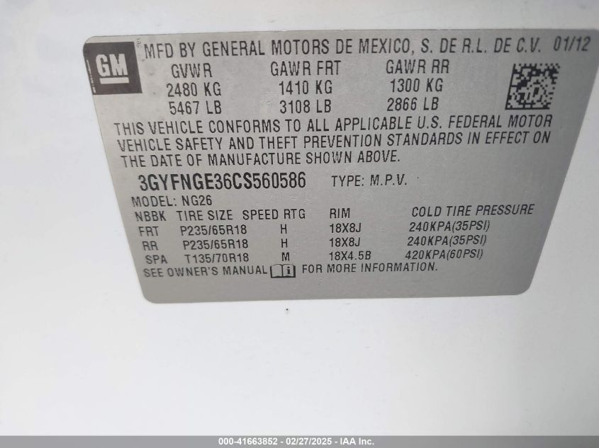 2012 Cadillac Srx Standard VIN: 3GYFNGE36CS560586 Lot: 41663852