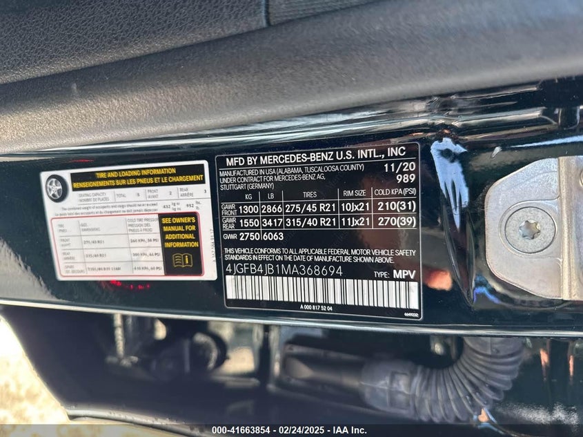 2021 MERCEDES-BENZ GLE VIN: 4JGFB4JB1MA368694