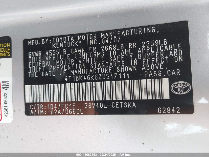 2007 Toyota Camry Se V6 VIN: 4T1BK46K67U547114 Lot: 41663893