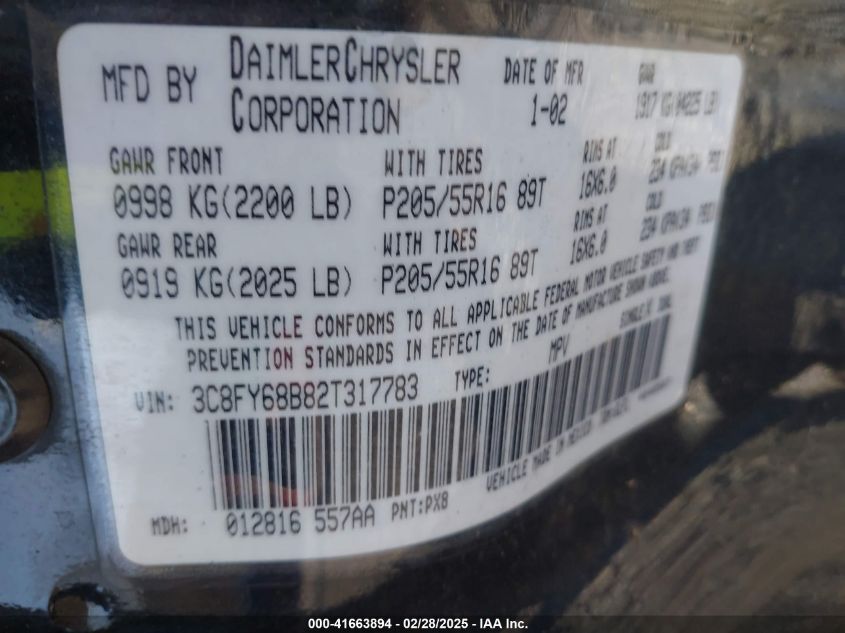 2002 Chrysler Pt Cruiser Limited VIN: 3C8FY68B82T317783 Lot: 41663894