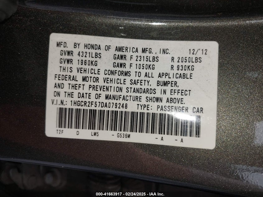 2013 HONDA ACCORD VIN: 1HGCR2F57DA079248