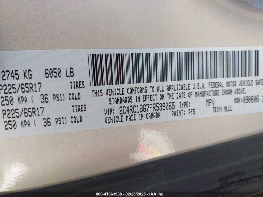 2015 CHRYSLER TOWN & COUNTRY VIN: 2C4RC1BG7FR539065