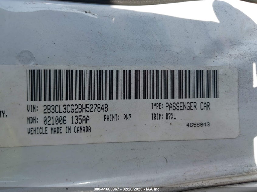 2011 DODGE CHARGER VIN: 2B3CL3CG2BH527648