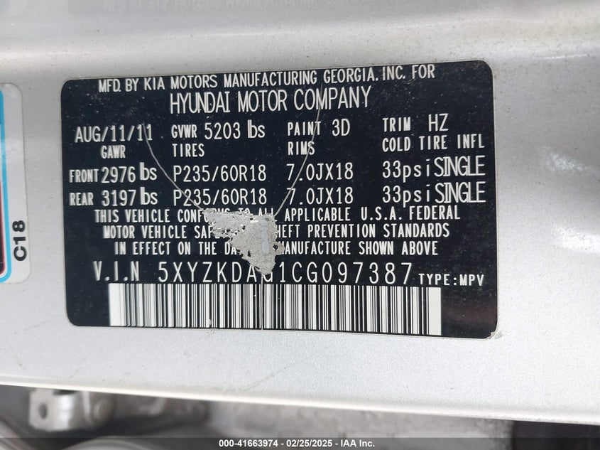 2012 HYUNDAI SANTA FE VIN: 5XYZKDAG1CG097387