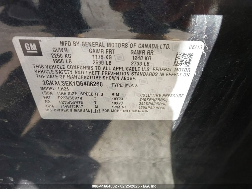 2013 GMC Terrain Sle-2 VIN: 2GKALSEK1D6406260 Lot: 41664032