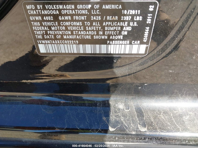 2012 VOLKSWAGEN PASSAT VIN: 1VWBN7A3XCC022213