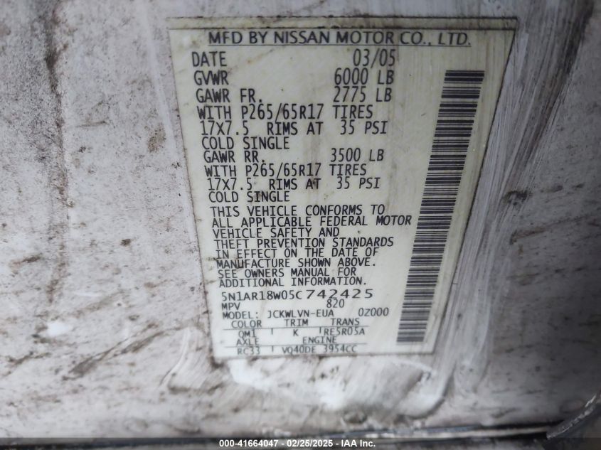 2005 Nissan Pathfinder Le VIN: 5N1AR18W05C742425 Lot: 41664047