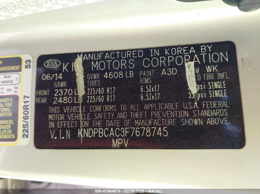 2015 Kia Sportage Lx VIN: KNDPBCAC3F7678745 Lot: 41664074