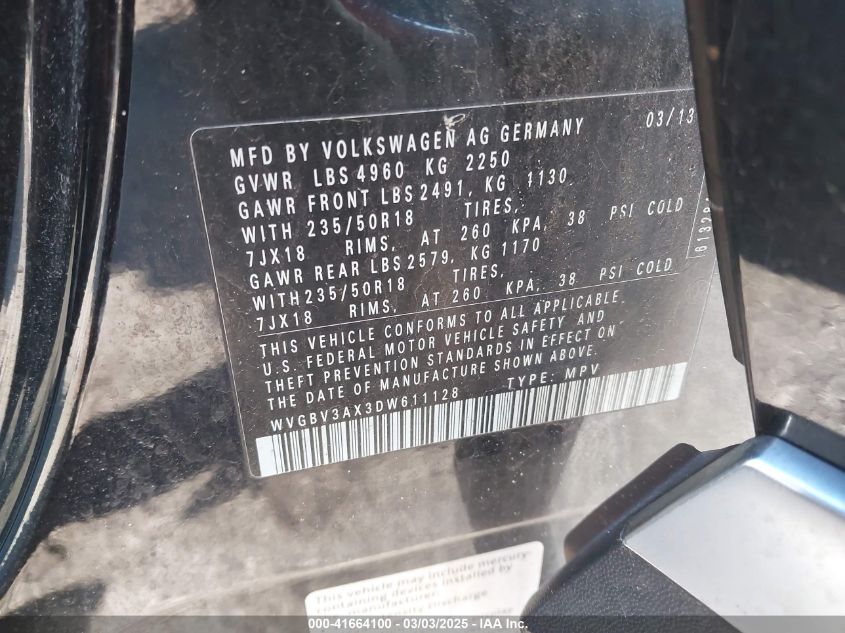 2013 Volkswagen Tiguan Se VIN: WVGBV3AX3DW611128 Lot: 41664100