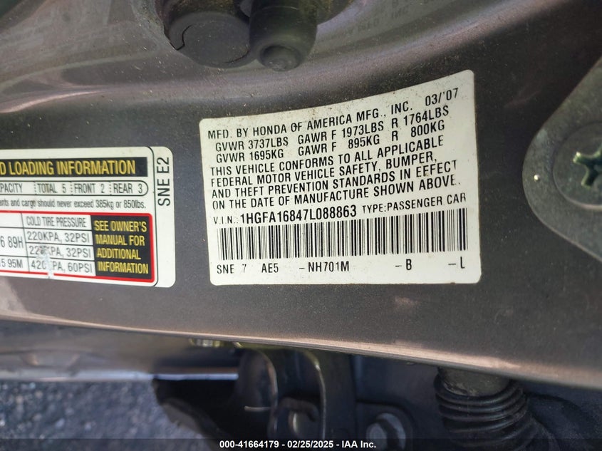 2007 HONDA CIVIC VIN: 1HGFA16847L088863