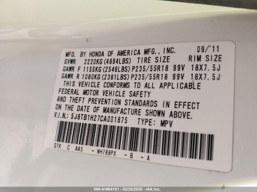 2012 Acura Rdx VIN: 5J8TB1H27CA001875 Lot: 41664181