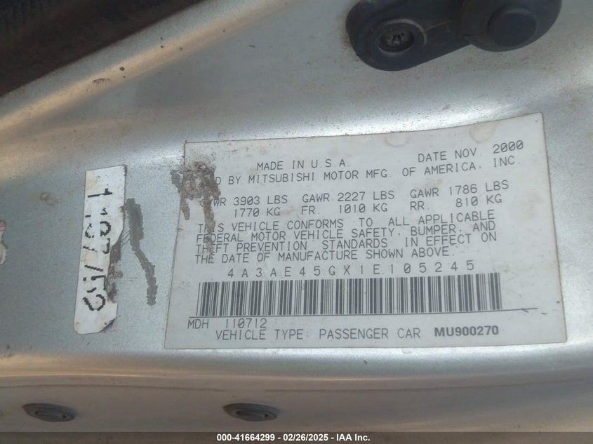 2001 Mitsubishi Eclipse Spyder Gs VIN: 4A3AE45GX1E105245 Lot: 41664299