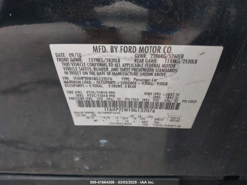 2011 Ford Taurus Sel VIN: 1FAHP2EW1BG132076 Lot: 41664308