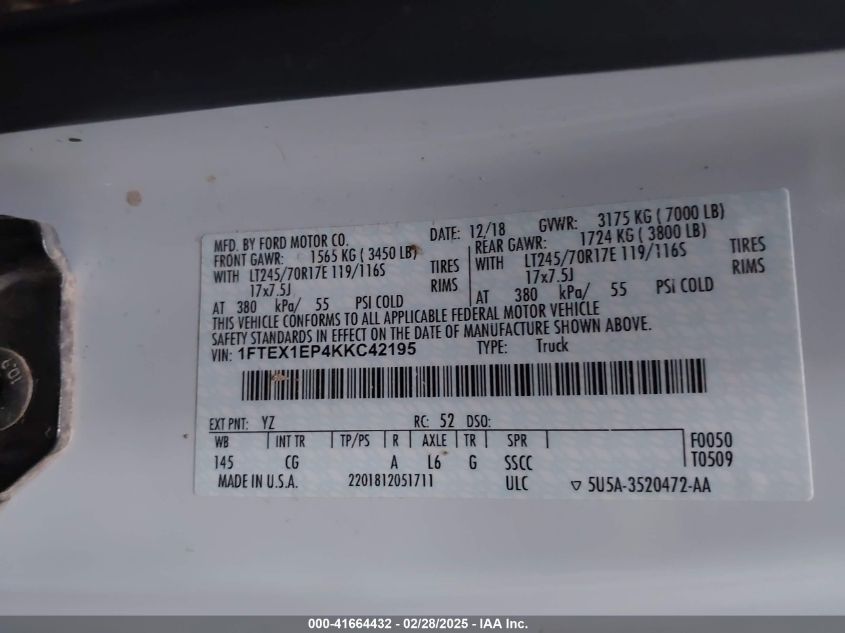 2019 Ford F-150 Xl VIN: 1FTEX1EP4KKC42195 Lot: 41664432