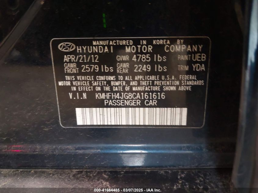 2012 Hyundai Azera VIN: KMHFH4JG8CA161616 Lot: 41664485