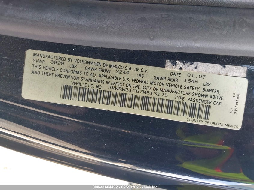 2007 VOLKSWAGEN NEW BEETLE VIN: 3VWRW31C67M513175