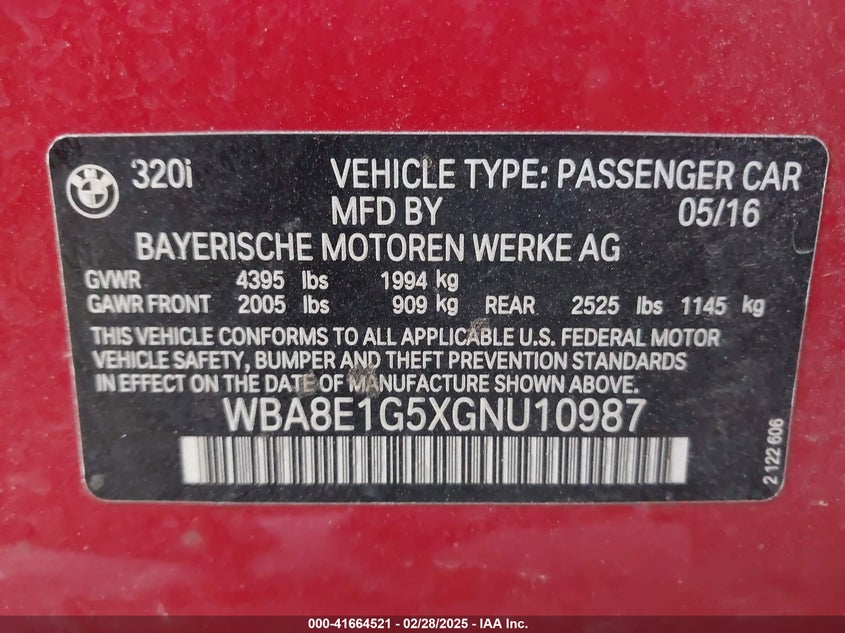 2016 BMW 320I - WBA8E1G5XGNU10987