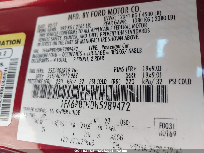 2017 FORD MUSTANG VIN: 1FA6P8TH0H5289472