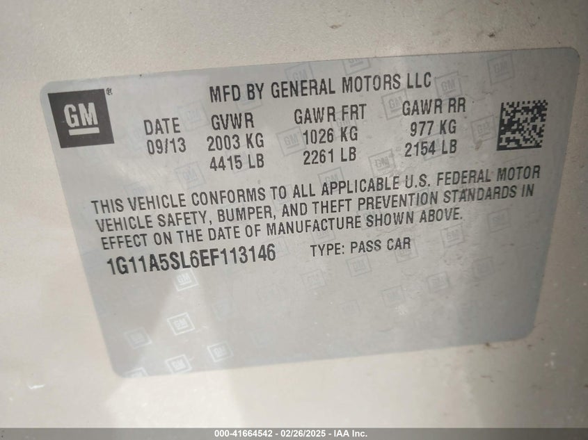 2014 CHEVROLET MALIBU VIN: 1G11A5SL6EF113146