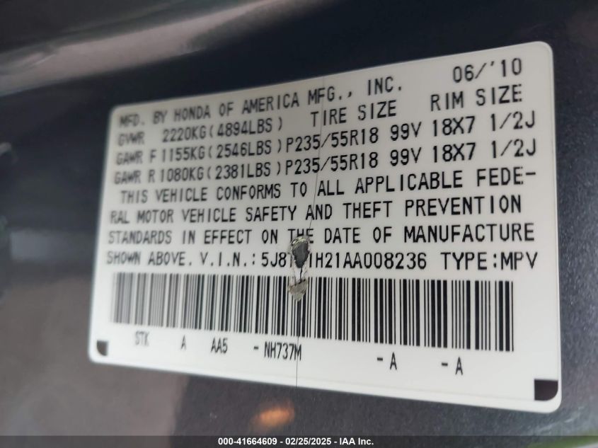 2010 Acura Rdx VIN: 5J8TB1H21AA008236 Lot: 41664609