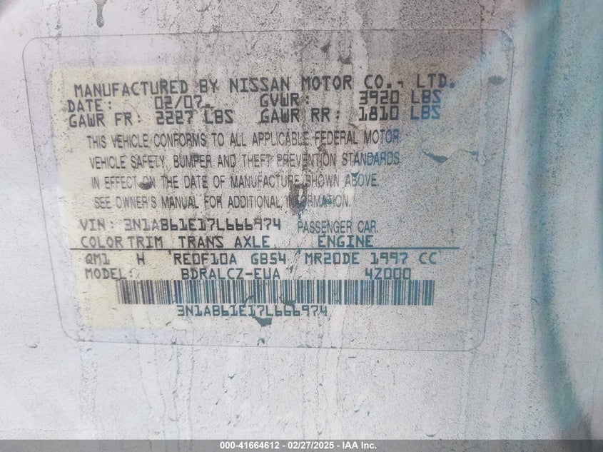 2007 NISSAN SENTRA VIN: 3N1AB61E17L666974