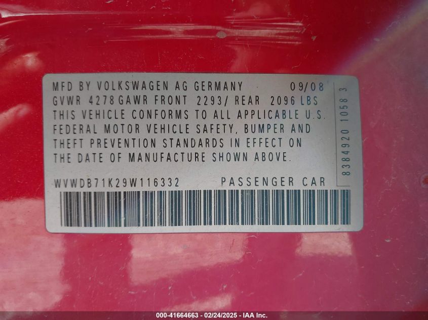 2009 Volkswagen Rabbit S VIN: WVWDB71K29W116332 Lot: 41664663