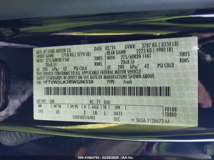 2024 Ford F-150 Lightning Xlt VIN: 1FTVW3LK3RWG06339 Lot: 41664763