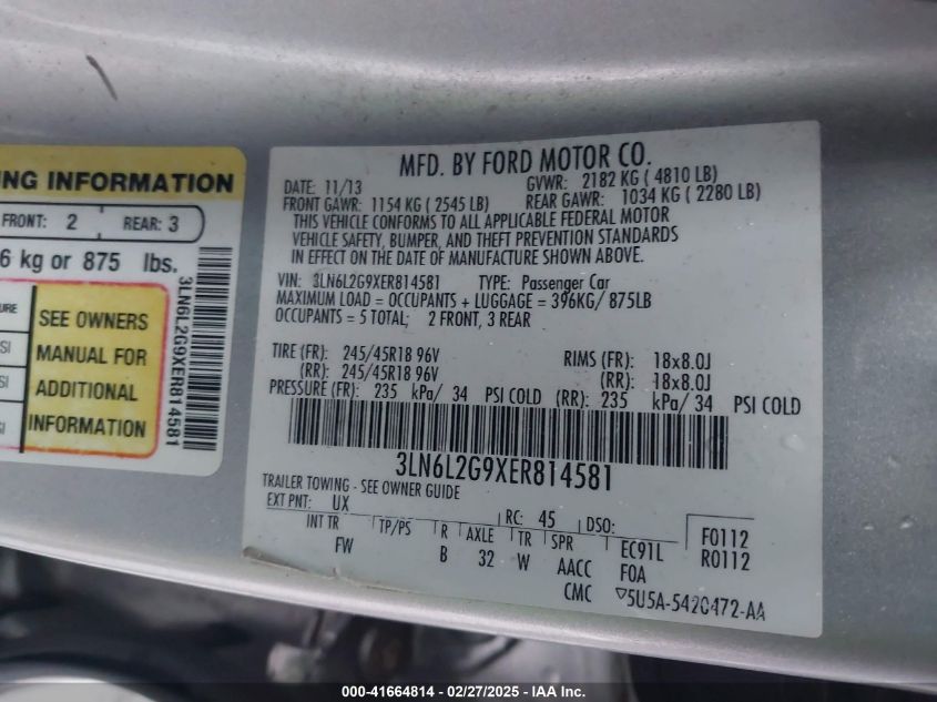 2014 Lincoln Mkz VIN: 3LN6L2G9XER814581 Lot: 41664814