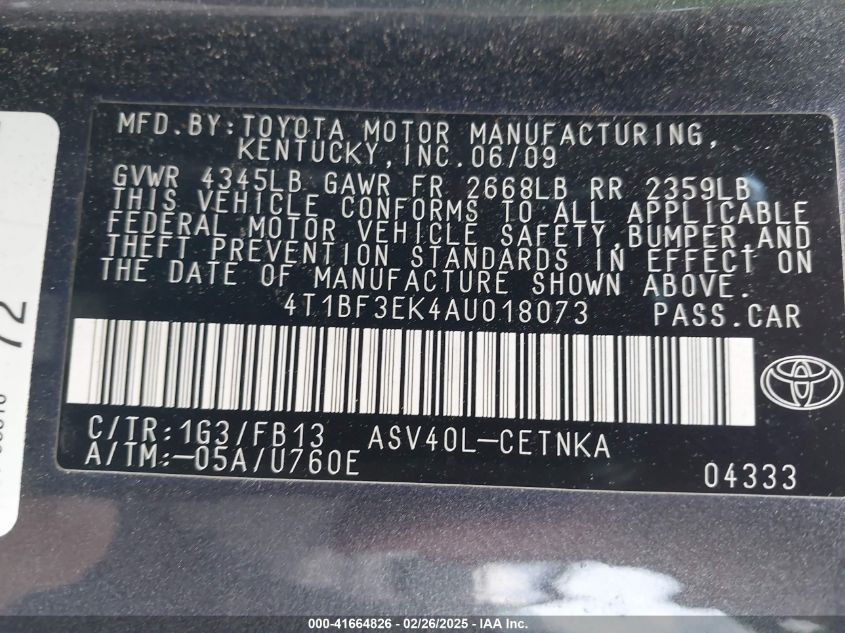 2010 Toyota Camry Le VIN: 4T1BF3EK4AU018073 Lot: 41664826