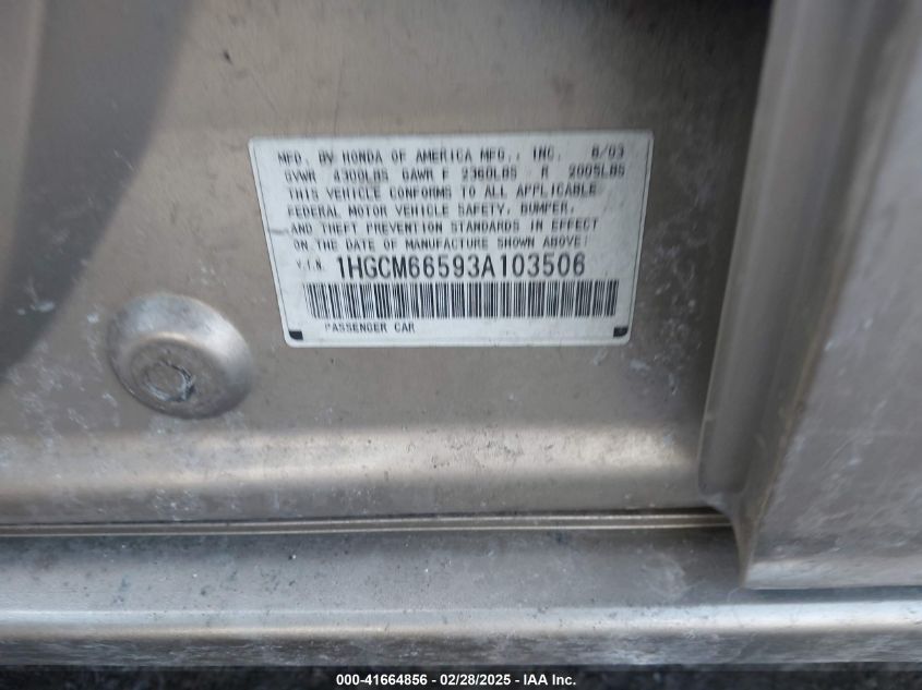 2003 Honda Accord 3.0 Ex VIN: 1HGCM66593A103506 Lot: 41664856