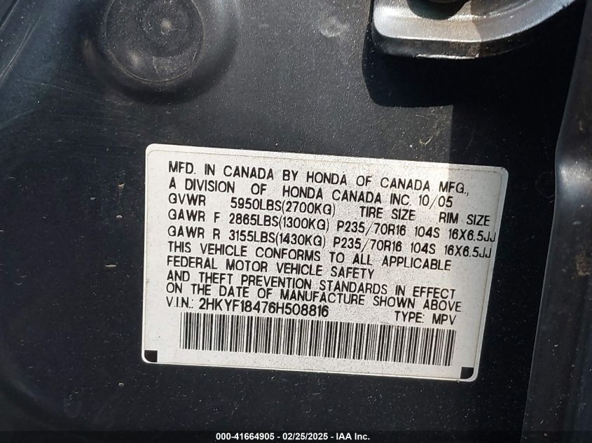 2006 Honda Pilot Ex VIN: 2HKYF18476H508816 Lot: 41664905