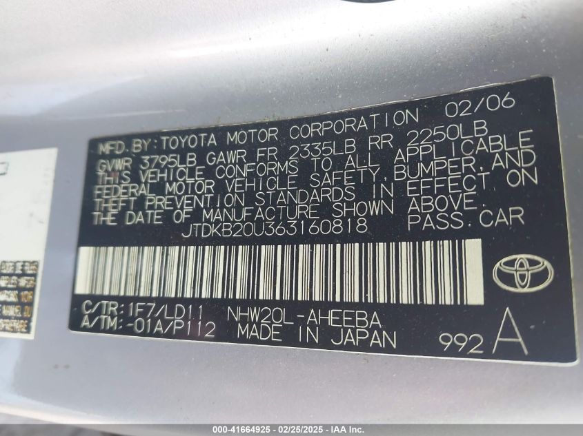 2006 Toyota Prius VIN: JTDKB20U363160818 Lot: 41664925