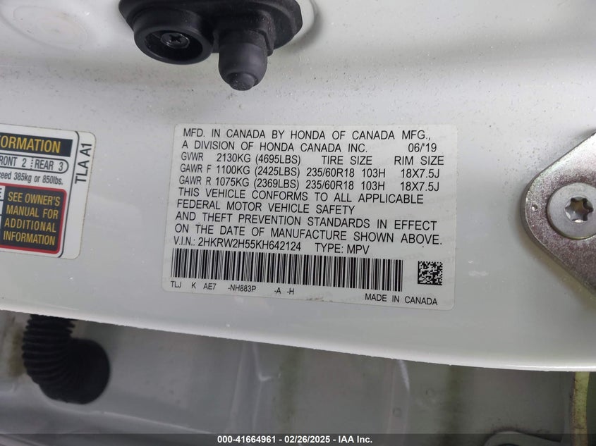 2019 HONDA CR-V VIN: 2HKRW2H55KH642124