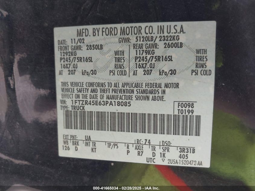 2003 Ford Ranger Edge/Xlt VIN: 1FTZR45E63PA18085 Lot: 41665034