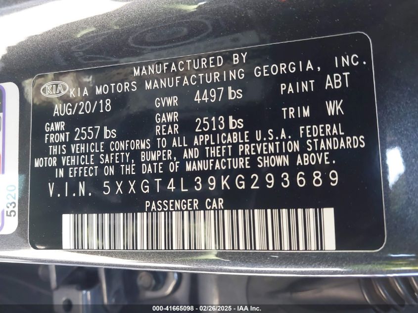 2019 Kia Optima S VIN: 5XXGT4L39KG293689 Lot: 41665098