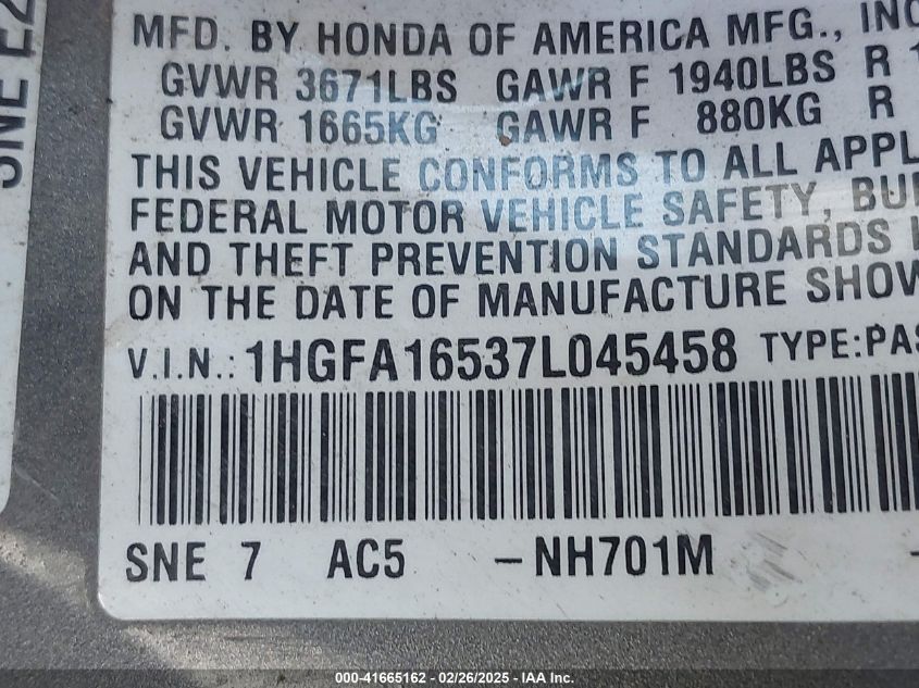 2007 Honda Civic Lx VIN: 1HGFA16537L045458 Lot: 41665162