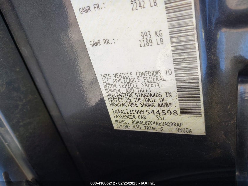 2009 NISSAN ALTIMA VIN: 1N4AL21E99N544598