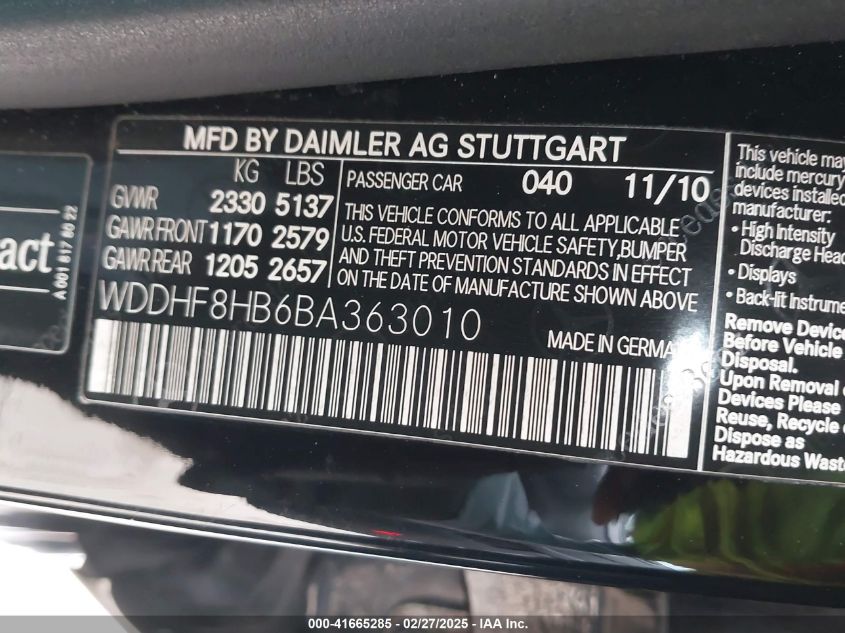 2011 Mercedes-Benz E 350 4Matic VIN: WDDHF8HB6BA363010 Lot: 41665285