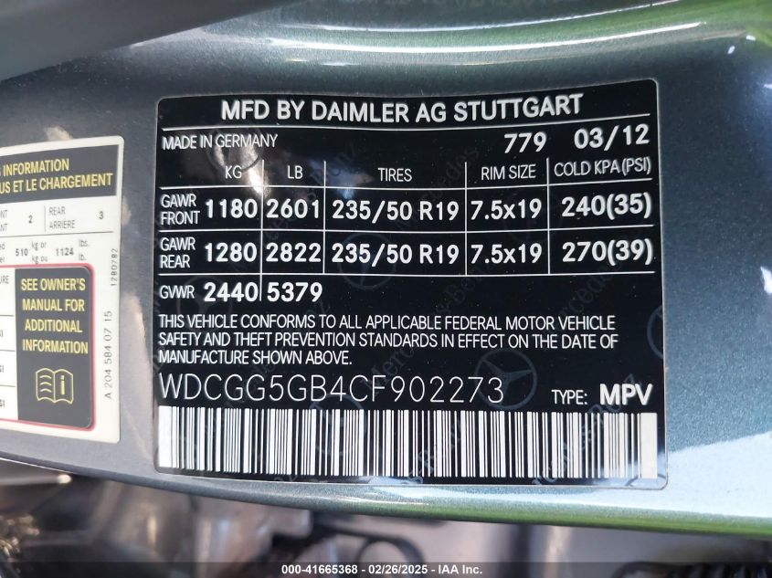 2012 Mercedes-Benz Glk 350 VIN: WDCGG5GB4CF902273 Lot: 41665368