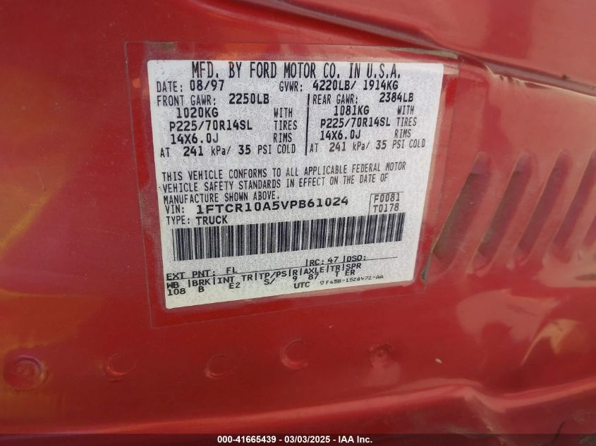 1997 Ford Ranger Splash/Xl/Xlt VIN: 1FTCR10A5VPB61024 Lot: 41665439