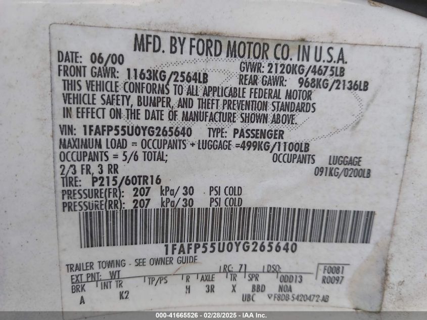2000 Ford Taurus Ses VIN: 1FAFP55U0YG265640 Lot: 41665526